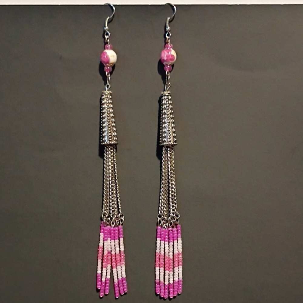 Chic Pink and Silver Beaded Tassel Earrings